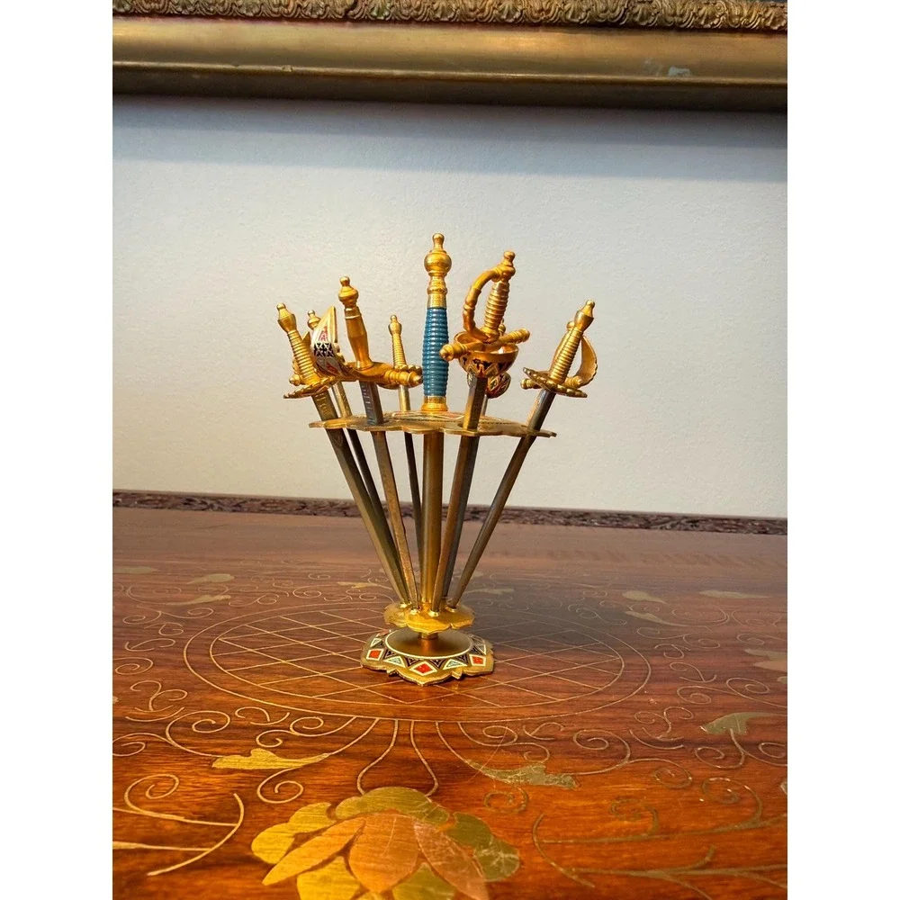 Vintage Toledo Spain Sword Cocktail Picks Set with Stand, 8 Mini‎ Swords